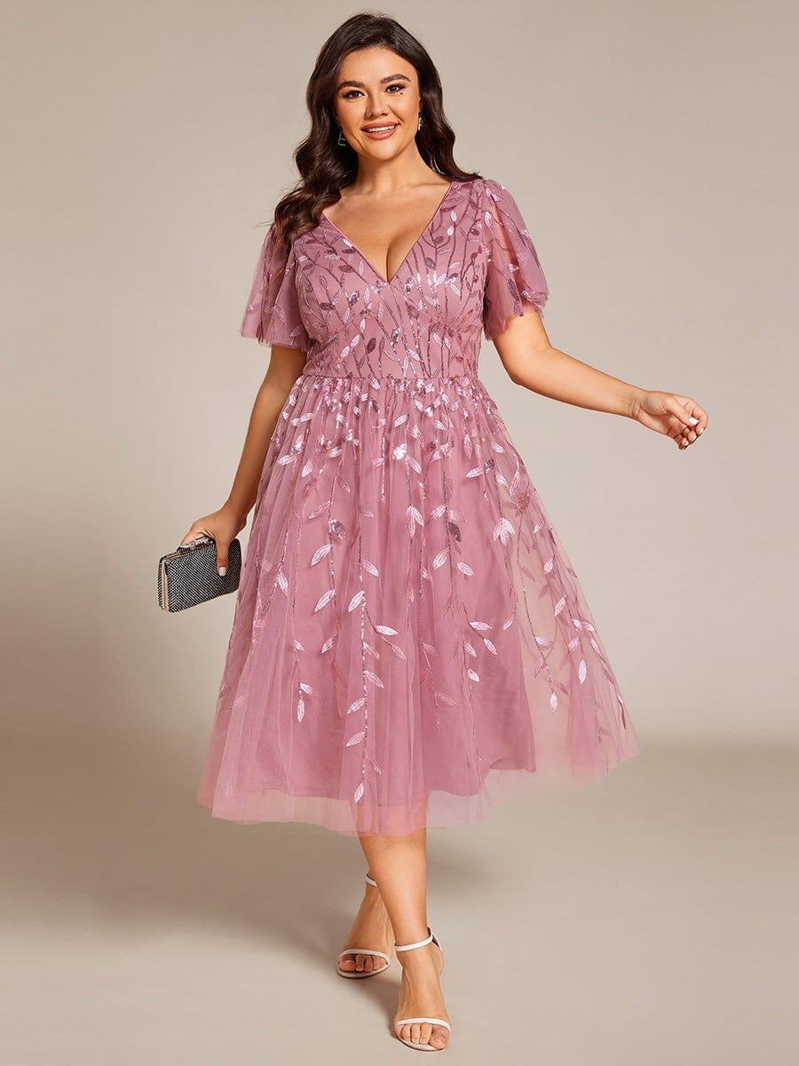 pretty SIMONE|Plus Size Leaf Sequin Tulle Midi Wedding Guest Dress