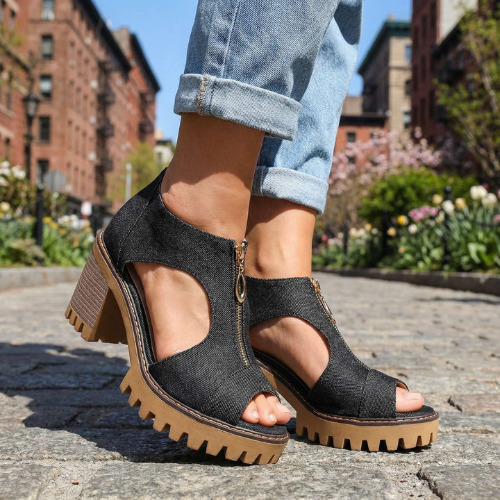 Larissa Zip-Front Denim Heels