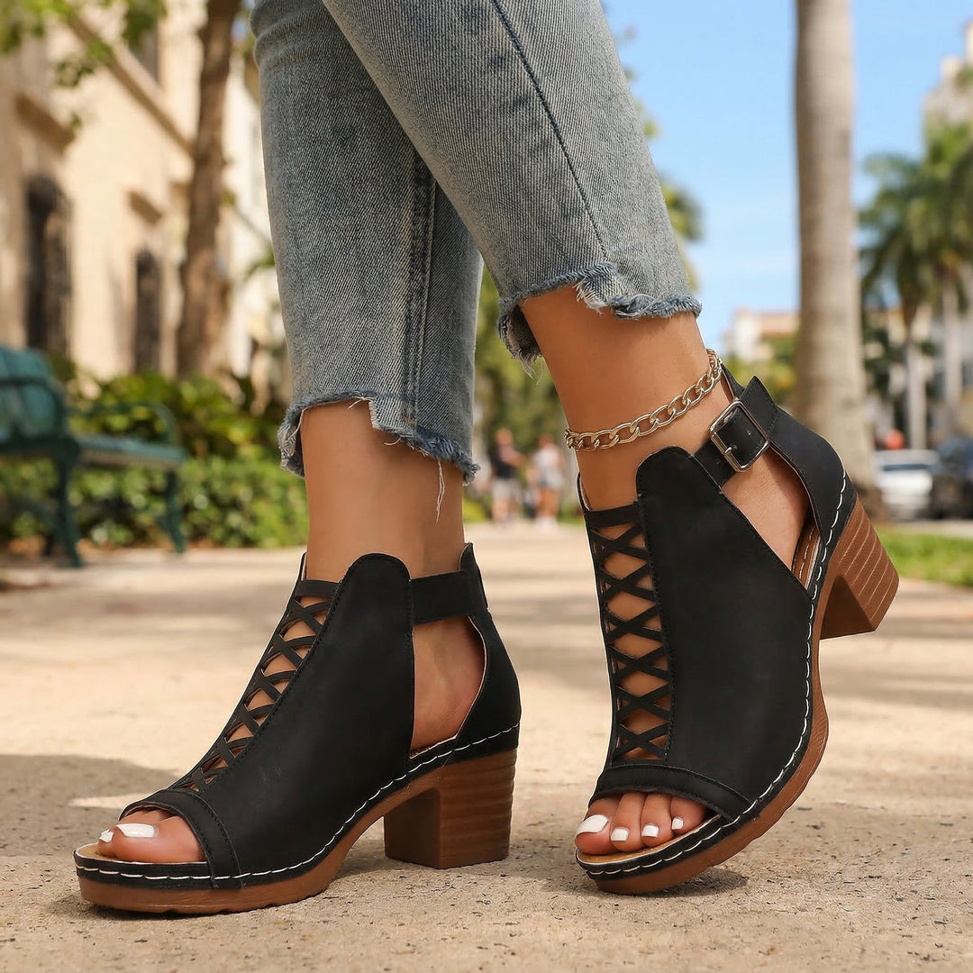 Sabrina Open-Toe Buckle Heels