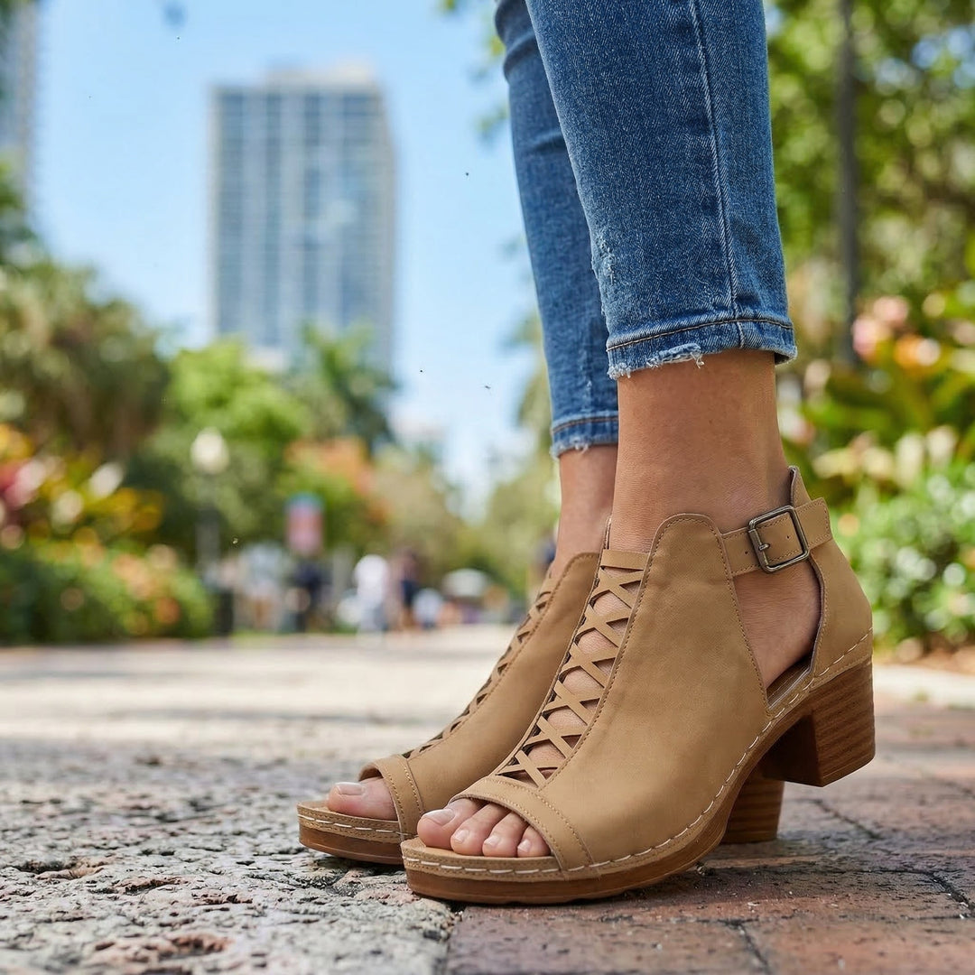 Sabrina Open-Toe Buckle Heels