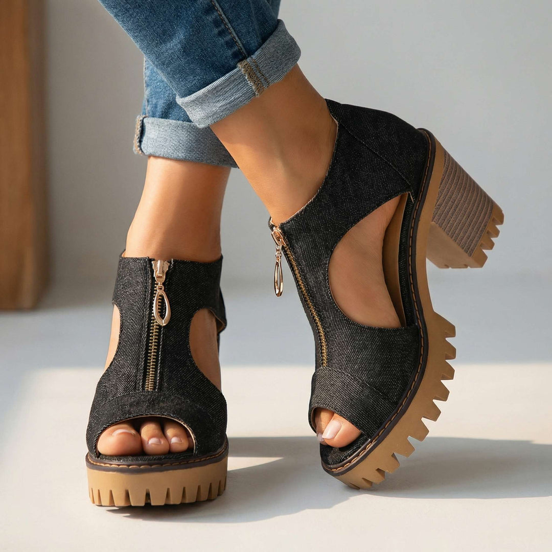Larissa Zip-Front Denim Heels