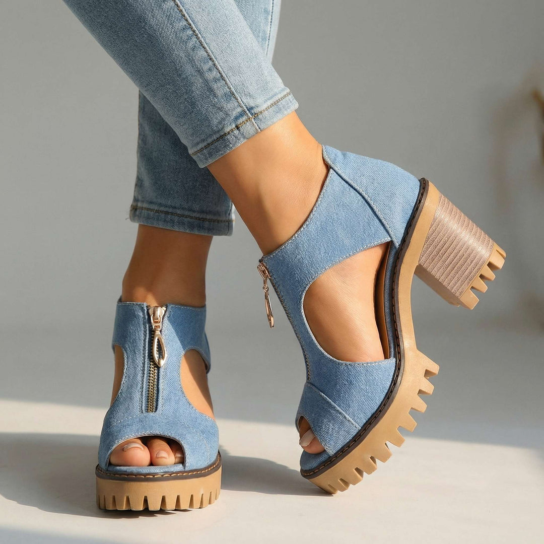 Larissa Zip-Front Denim Heels