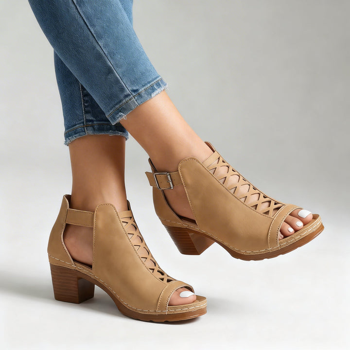 Sabrina Open-Toe Buckle Heels